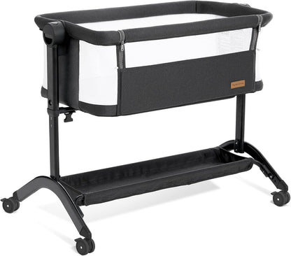 Bassinet Bedside Sleeper - All-Mesh Design, Portable Bedside Bassinet for Baby with Washable Mattress, 5 Adjustable Heights (Black)