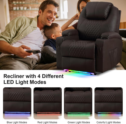 AHMED Power Recliner Chair with Vibration Massage & Heat for Adults, Faux Leather Home Theater Seating with Cup Holders/LED Lights/USB Ports/Side Pockets for Living Room, Brown