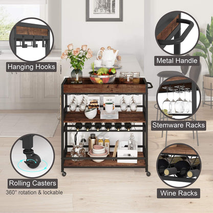 BON AUGURE Bar Cart for The Home, Rolling Home Bar Serving Cart on Wheels, 3 Tier Liquor Beverage Carts with Wine Rack and Glass Holder (Rustic Oak)