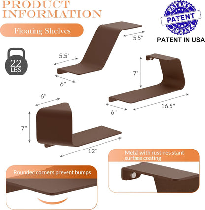 Floating Shelves, Wall Shelf, Set of 3 Wall Mounted Metal Shelves with Unique Design for Wall Storage, Book Shelf, Display Shelves for Bathroom Bedroom Kitchen Living Room for Home Brown