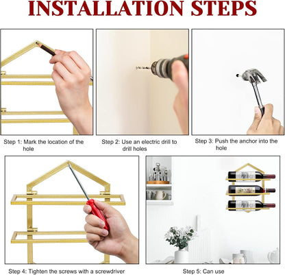 2Pcs Wall Mounted Wine Stemware Rack, Metal Hanging Wine Glass Display Holde Holds 3 Bottles, Elegant Storage for Kitchen Dining Room Bar Wine Cellar (Gold)