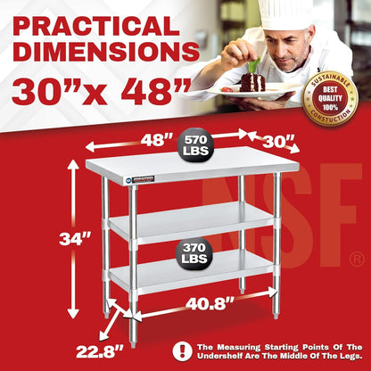DuraSteel Food Prep Stainless Steel Table - 30 x 48 Inch Commercial Metal Workbench with Adjustable Under Shelf - NSF Certified - for Restaurant, Warehouse, Home, Kitchen, Garage