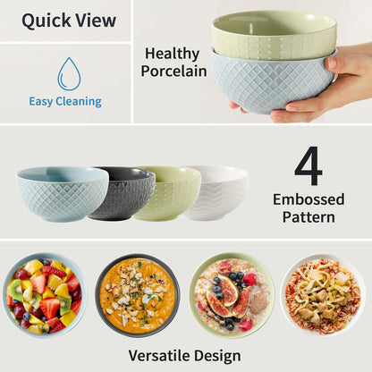 Hasense Soup Bowls 26 OZ, Ceramic Bowls Set of 4 for Kitchen, Embossed Stoneware Porcelain Cereal Bowls for Soup, Cereal, Oatmeal, Fruit, Salad, Noodle and Rice, Microwave Dishwasher Safe, Multi-color