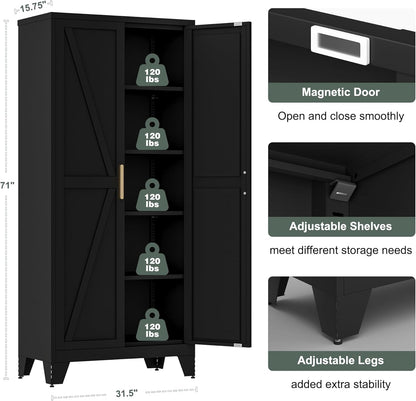 71'' Farmhouse Metal Storage Cabinet with Barn Doors,Steel File Cabinet for Home Office,Kitchen Pantry 4 Adjustable Shelves,Freestanding Cupboard for Kitchen,Home Office (Black)