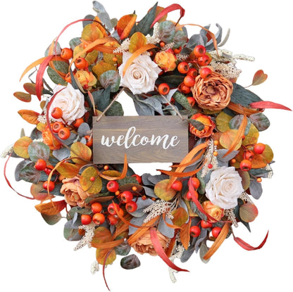 Fall Wreath for Front Door, 24 Inch Autumn Wreath with lamb's Ear Leaves, Roses, Berries & Wooden Sign,Fall Decorations for Home, Artificial Flowers Harvest and Thanksgiving Indoor & Outdoor
