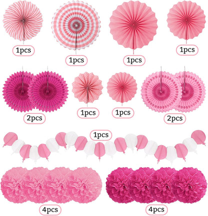 Party Decorations, Pink Papar Fans Pompoms Garlands for Women Girls Mothers Day Bachelorette Wedding Birthday Baby Showers Valentine's Day Party Decorations