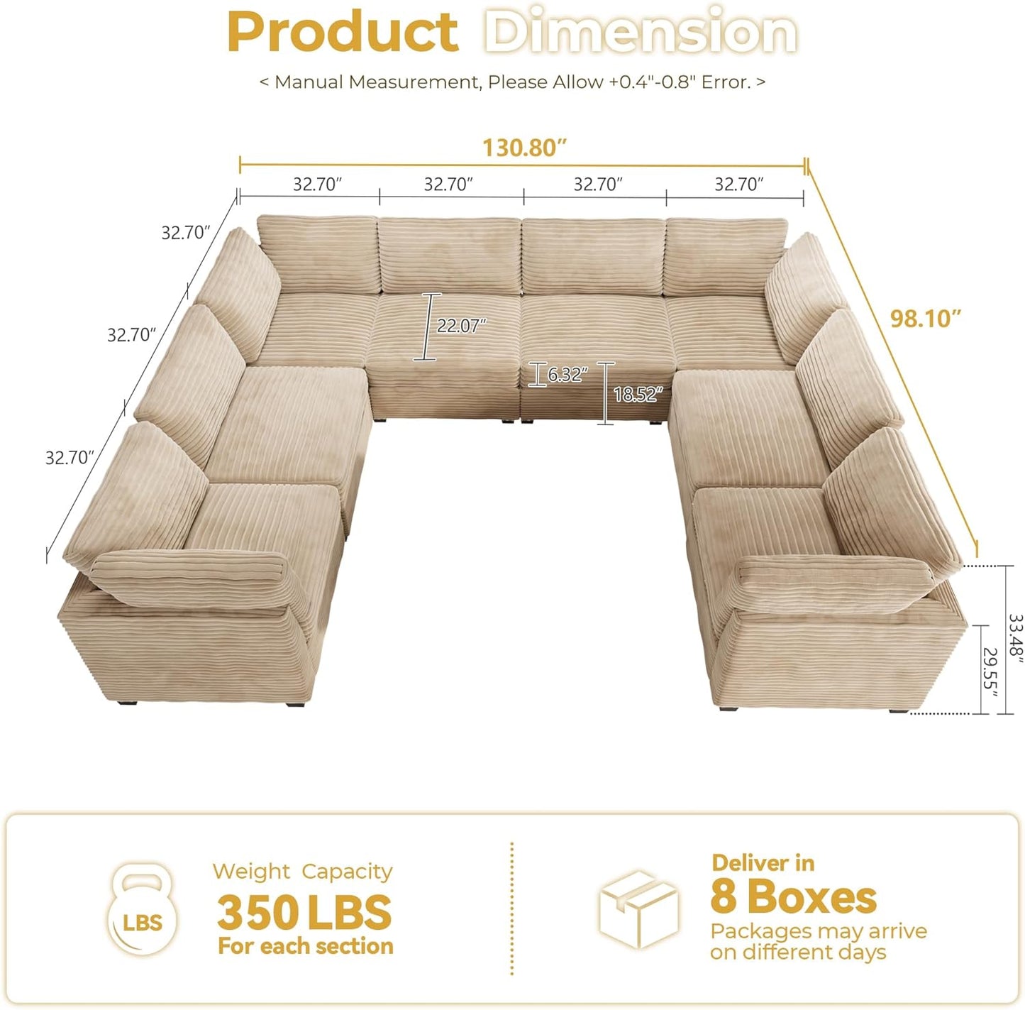 HOOOWOOO Modular Sectional Sofa,8 Pieces Sectional Couches for Living Room,131X98 L Shaped Cloud Couch with Ottoman Chaise Set(Beige Velvet Corduroy)