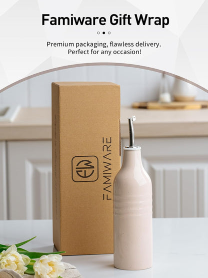 famiware Jupiter 16oz Ceramic Olive Oil Dispenser Bottle, Olive Oil and Vinegar Dispenser Bottle Set of 2 with Stainless Steel Pourers, Suitable for Storage Vinegar, Liquids, Light Blue & Light Pink