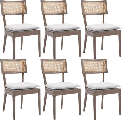 Rattan Dining Chairs Set Of 6 , Mid Century Modern Upholstered Cane Back Chairs with Removable Linen Cushion , Retro Farmhouse Natural Wooden Kitchen & Dining Room Chairs for Restaurant Living Room