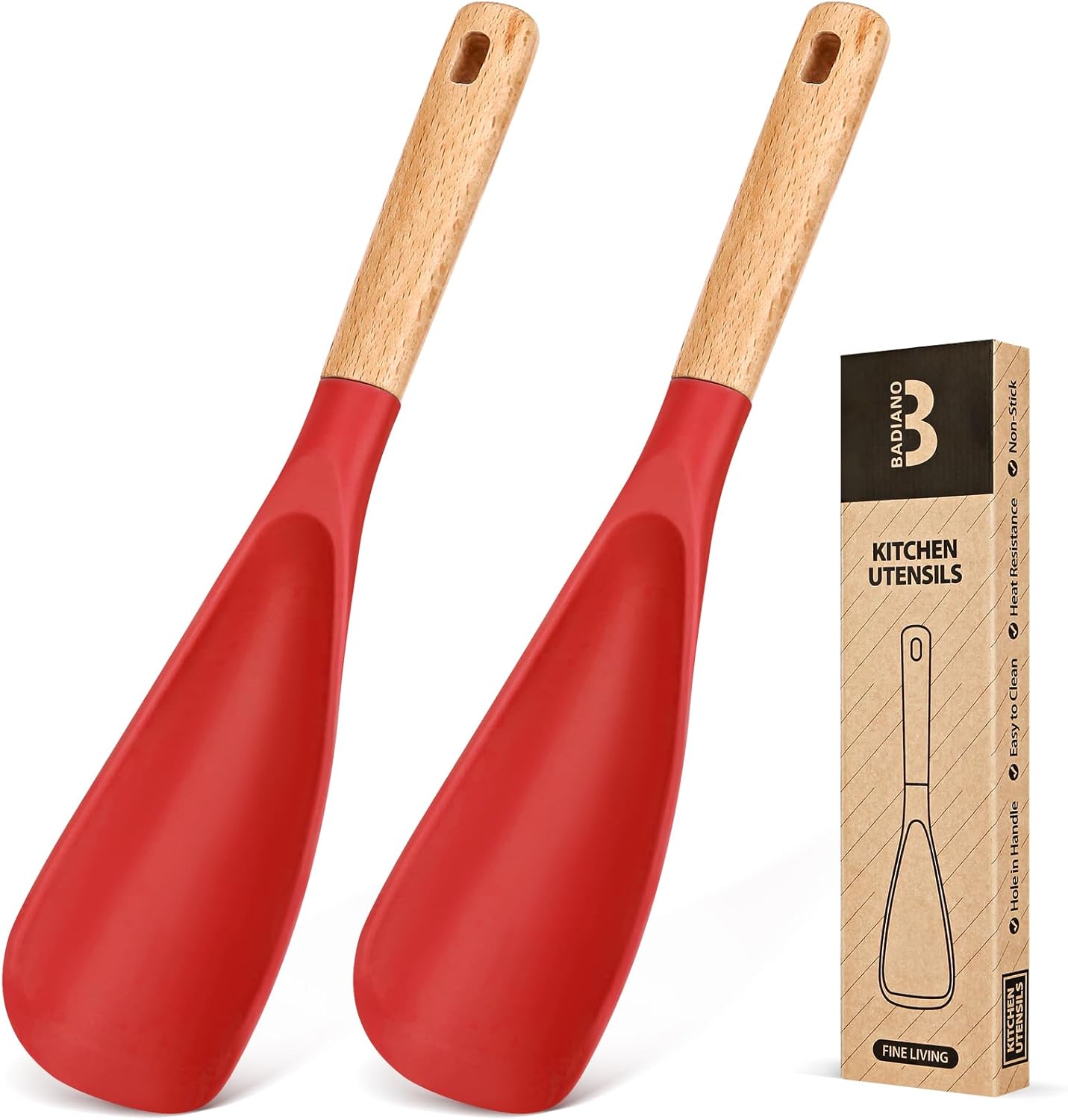 Cooking Spoon for Nonstick Cookwares, Great for Cooking and Serving Sturdy BPA-Free Matte Silicone, Wood Handle Spoon for Mixing, Scoop, and Scrape (2 Pack of Red, 11.4 inch)