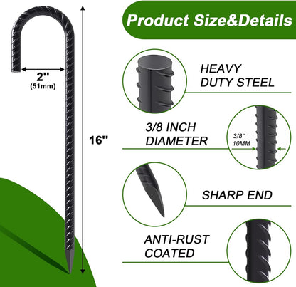 AAGUT 16 Inch Rebar Stakes 3/8" J Hook (16pcs) Heavy Duty Steel Ground Anchors Tent Stakes Ground Stakes with Chisel Point End for Chain Link Fence, Black