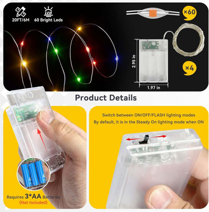 4 Pack 60LED Christmas Fairy Lights Battery Operated - 20FT Twinkle Lights with 2 Lighting Modes Indoor Outdoor, Waterproof Led Fairy String Lights for Bedroom, Classroom, Dorm, DIY Decor, Multicolor