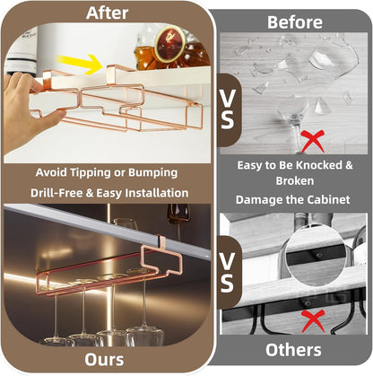 LINFIDITE 2 Pack Under Cabinet Wine Glass Rack Rose Gold Wine Glass Holder Stemware Rack Hanger Kitchen Hanging Storage Rack Organizer