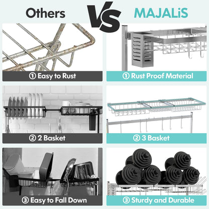 MAJALiS Over Sink Dish Drainer Drying Rack, 2 Tier Stainless Steel Dish Rack Over Sink Sink Length Adjustable (33.5-40 in), Expandable Drainer Shelf Rack with Multifunctional Organizers, Sliver