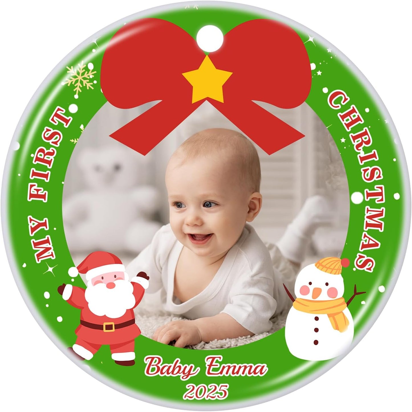 Personalized Baby's First Christmas Ornament 2025, Ceramic Custom Photo Text Christmas Ornament Customized Photo Ornament Christmas Tree Decorations Gift for New Parents Mom Dad Newborn Baby