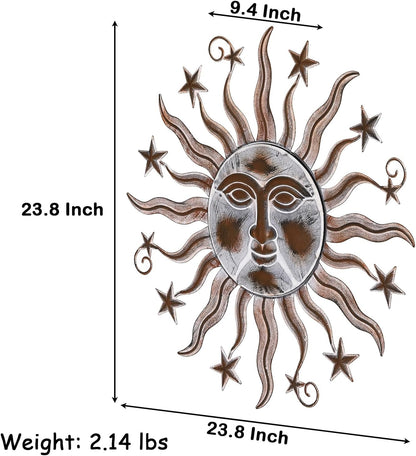 TICKCACY Metal Sun Wall Art Sculpture Decor, 23.8” Vintage Sun and Star Wall Hanging Decoration for Indoor Outdoor Living Room Farmhouse Yard Garden Patio