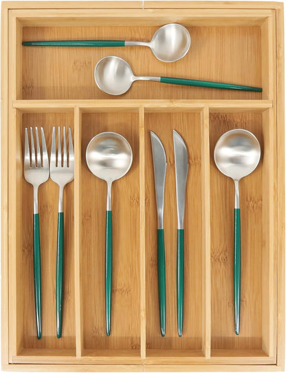 VaeFae Bamboo Drawer Organizer, Expandable Silverware Drawer Organizer, Cutlery Tray with Dividers for Kitchen Utensils, Medium