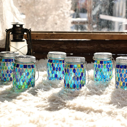 Cooo 4 Pack Mosaic Lanterns Outdoor Waterproof with 215% Larger Solar Panel, Never Rust Lids, True Capacity Battery- Solar Mason Mosaics Jar Lantern for Patio Garden Yard Balcony Hanging or Table