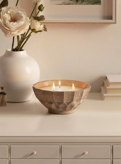 Kate and Laurel Plete Round Pleated Wood Candle Bowl, 8 Inch Diameter, Light Natural, Modern Scalloped Three-Wick Unscented Candle with Decorative Bowl for Living Room Decor