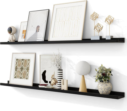 Solid Ash Wood Picture Ledge Shelf, Floating Shelves Set of 2, 56 Inch Long Large Ledge Shelves, Nursery Book Shelves Wall Mounted for Living Room Bedroom Kitchen Decor Kids Bookshelf, Black