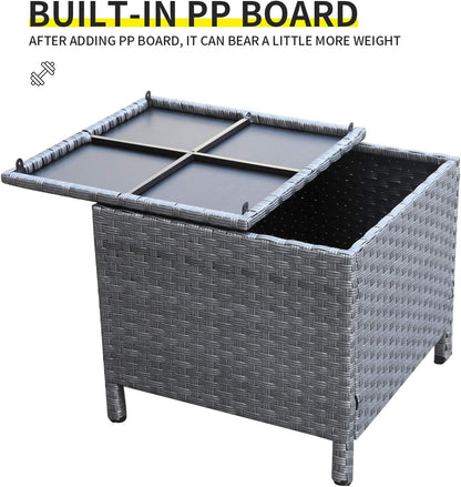 Outdoor Wicker Storage Side Table, Patio Grey PE Rattan End Table with Storage, Square Container for Furniture Covers, Toys, and Gardening Tools