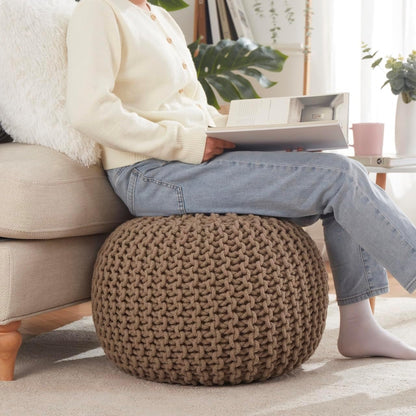 Ornavo Home Pouf Ottoman Foot Rest - 100% Cotton Pouffe - Hand Knitted Cable Braid Cord - Boho Round Stuffed Ottoman for Living Room, Bedroom - Taupe/Brown