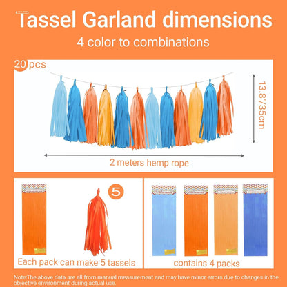 Orange and Blue Paper Tassel, 20 Pack, Party Decorations for Birthday, Baby Shower, Sprot Game,Graduation