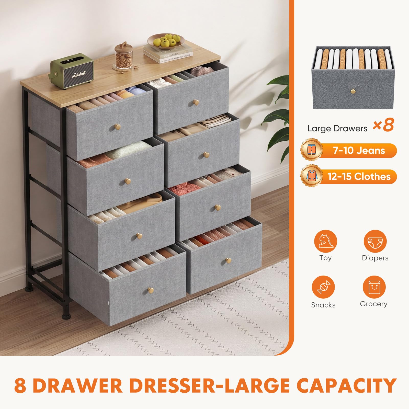 Sweetcrispy 8 Drawer Dresser for Bedroom, Organizer Storage Drawers, Blue