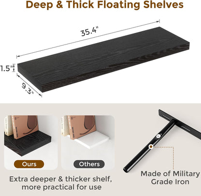 Fun Memories Black Floating Shelves 36 Inch Long, 9 Inch Deep Wall Shelves Set of 2, 36 x 9 Floating Shelf for Wall, Rustic Wood Floating Shelves for Kitchen, Living Room, Bedroom