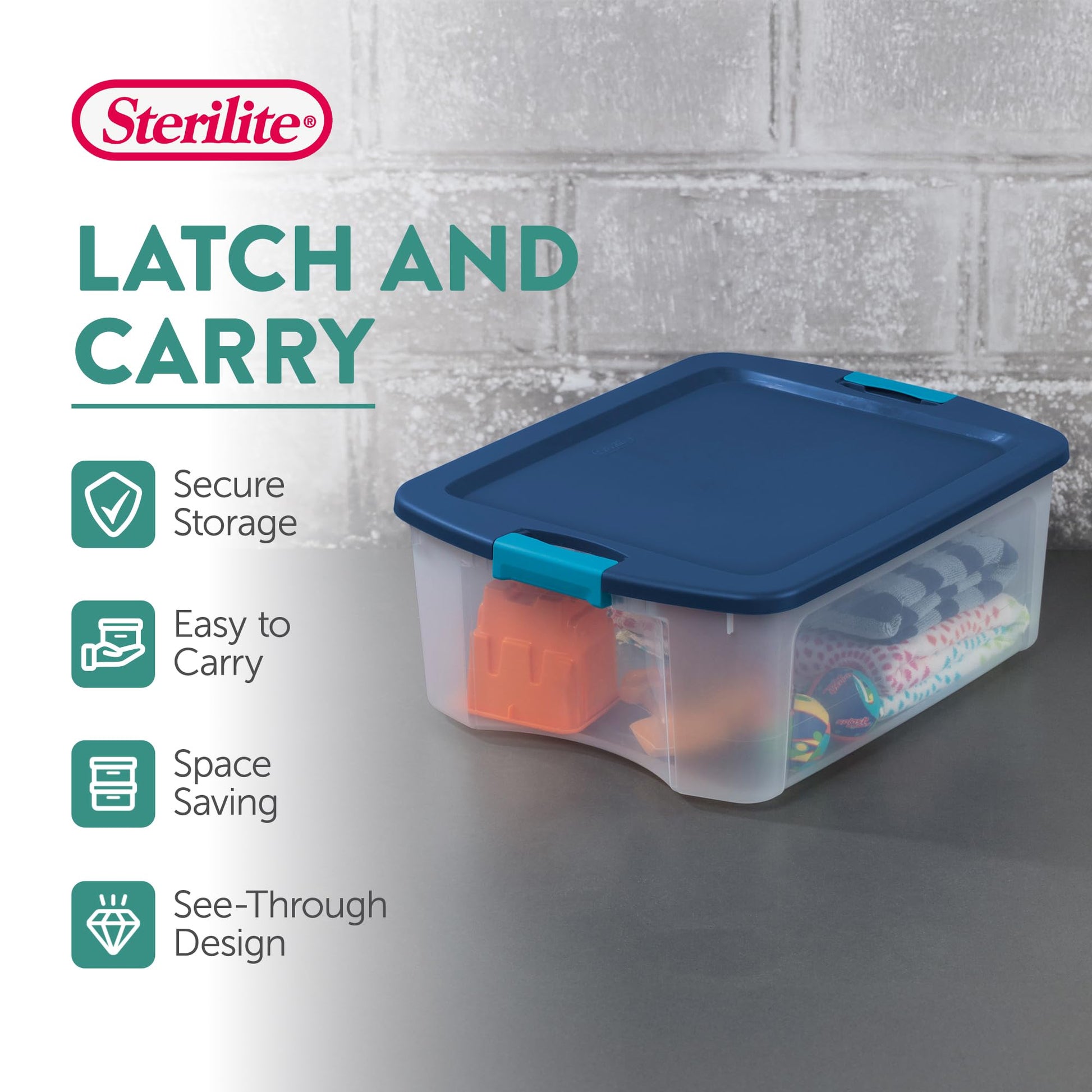 Sterilite 12 Gal Latch and Carry, Stackable Storage Bin with Latching Lid, Plastic Container to