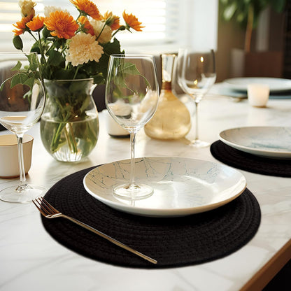 Round Placemats Set of 6, Cotton Rope Woven Table Mats, Hot Pads for Kitchen, Non Slip Heat Resistant Place Mats, 13 Inches Braided Placemat for Farmhouse Decor and Kitchen Table Decor (Black)