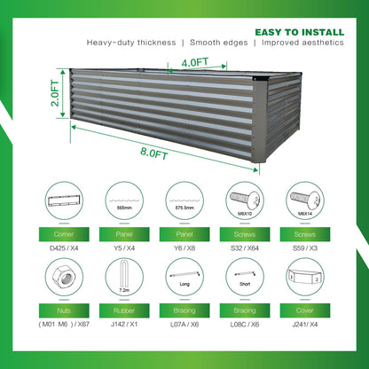 GARDMAX 8x4x2FT Galvanized Raised Garden Bed Kit, Metal Planter Boxes Outdoor with Easy Assembly, Large Garden Bed for Vegetables, Fruits, Flower, Herbs Rectangle Silver