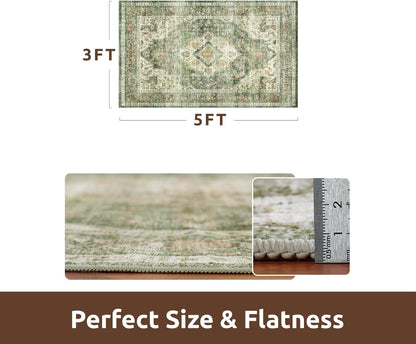 AMOAMI-3X5 Area Rug-Soft Washable Vintage Throw Accent Rugs for Living Room, Entryway, Bedroom, Kitchen, Bathroom, Laundry Room, Kitchen, Bathroom, Bedside, No Slip Green