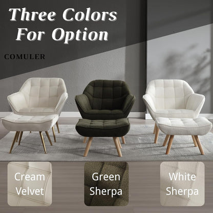 White Sherpa Accent Chair with Ottoman ，Modern Reading Chair with Ottoman Set, Comfy Fuzzy Armchair Living Room Chair Lounge Chair with Wood Legs for Small Spaces Bedroom Apartment