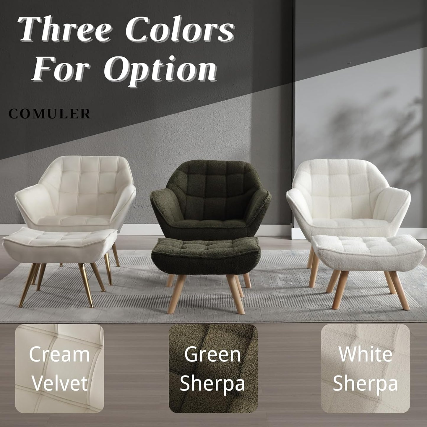 Beige Velvet Accent Chair with Ottoman ，Modern Reading Chair with Ottoman Set, Comfy Fuzzy Armchair Living Room Chair Lounge Chair with Metal Legs for Small Spaces Bedroom Apartment