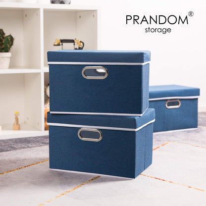 PRANDOM Collapsible Storage Bin with Lid [3-Pack] Fabric Foldable Storage Box Organizer Container Basket Cube with Cover for Home Bedroom Closet Office Nursery Royal Blue(14.9x9.8x9.8)
