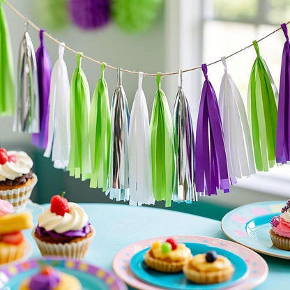 Tissue Paper Tassel Garland Banner, Purple Green Silver White, 20 PCS, Party Decorations for Birthday, Cartoon Themed Baby Shower,Sprot Game,Graduation