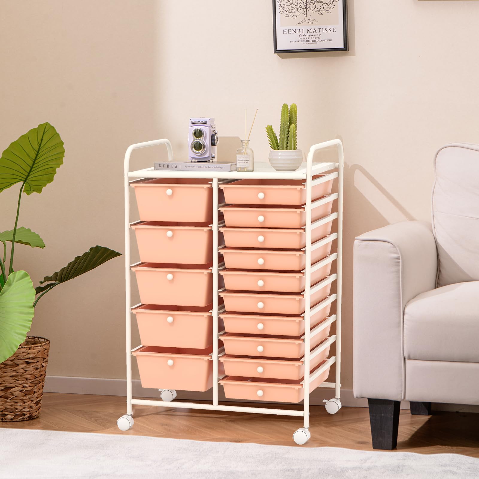 COSTWAY 15 Drawer Rolling Storage Cart, Mobile Utility Cart with Lockable Wheels, Drawers