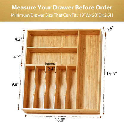 Umilife Large Kitchen Drawer Organizer, 19"x20" Silverware Utensils Organizer, 2.5" High for Large Deep Drawers, Bamboo Flatware Holder with Thick Frames, Sturdy Kitchen Organization Tray
