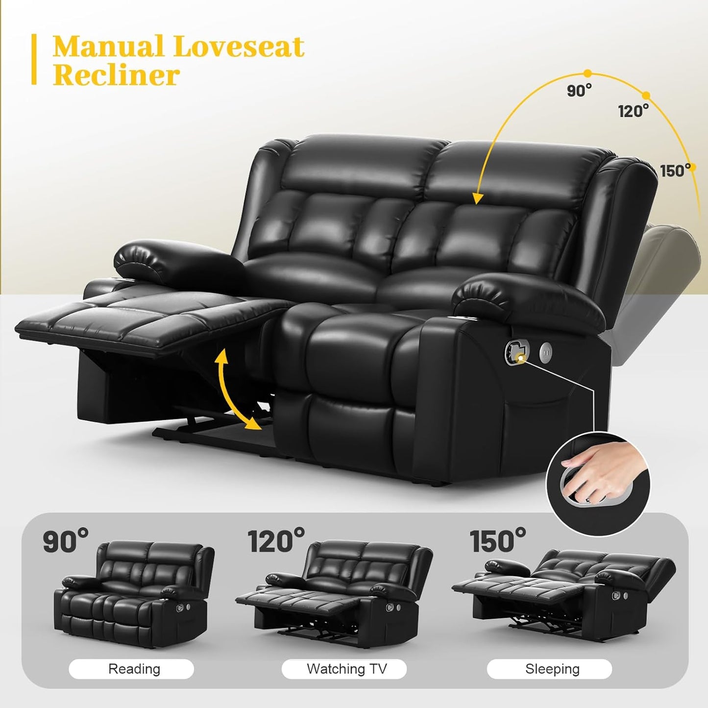 Loveseat Recliner Sofa Set with 2+1 Pieces, 2 Seater Minimalist Style Manual Pull Tab Reclining Loveseat with USB Charge Ports, Cup Holders, Recliner Couches for Living Room, RV, Black