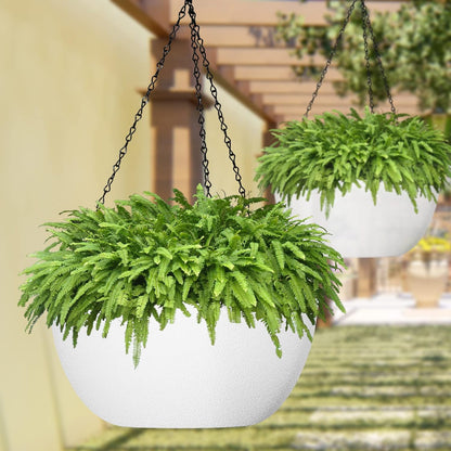 WOUSIWER 13 inch 2Pack Large Hanging Planters for Outdoor Indoor Plants with Drainage Holes and Chain, Round Hanging Flower Pots for Garden Home Porch Decor, White