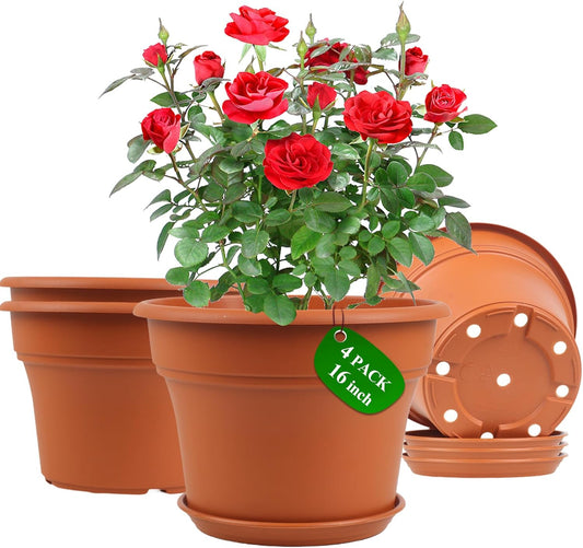16 inch Plastic-Flower-Pot-for-Indoor-Plants, 4 Pack Large Outdoor Planter Pot with Drainage Holes & Saucers, Resin Decorative Garden Pots Planters