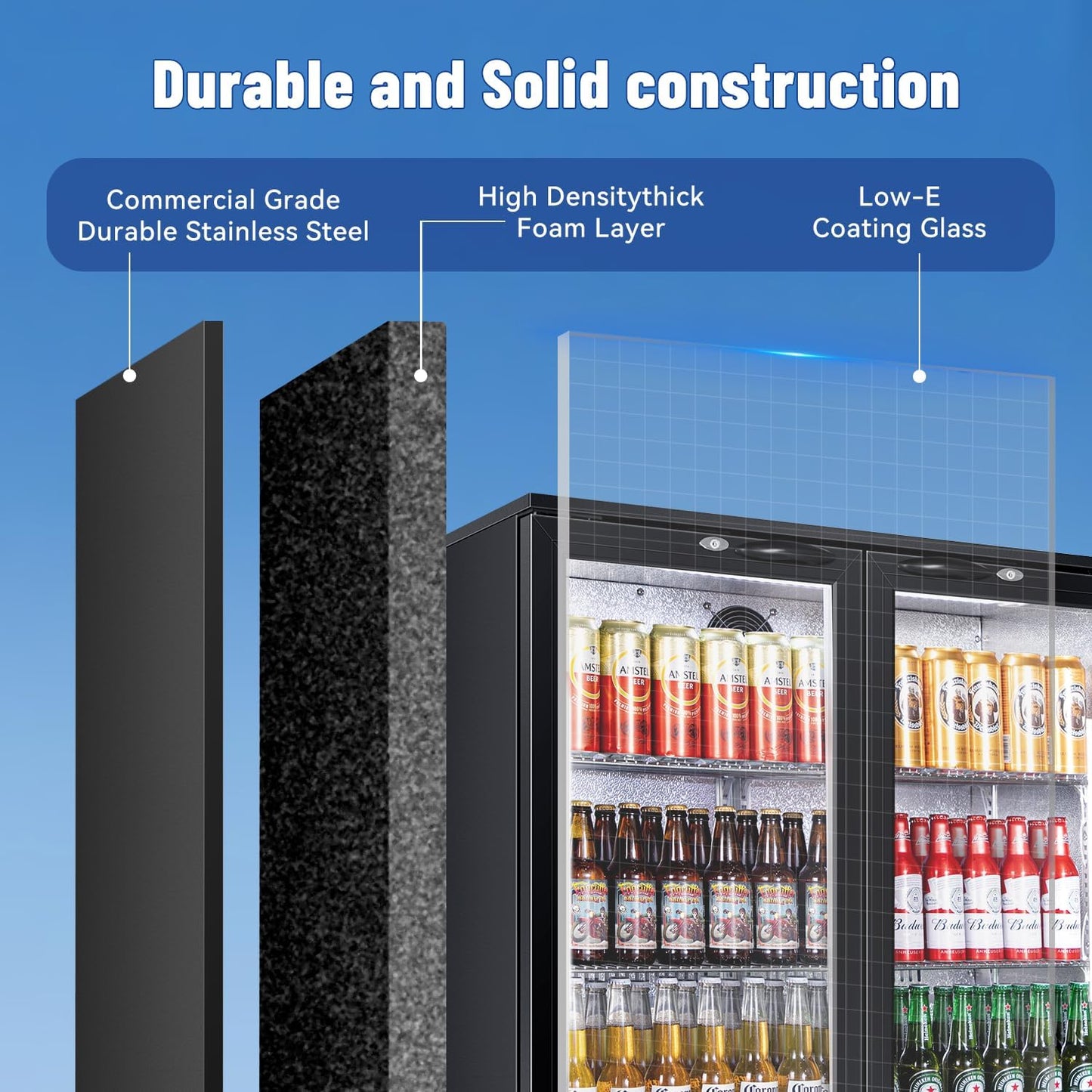 Tylza Back Bar Cooler With 2 Glass Doors, 200L Under Counter Back Bar Refrigerator with LED Lighting, Safety Locks, Counter Height Bar Beverage Cooler for Beer, Soda Drinks, Wine, Black