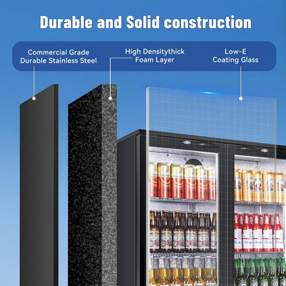 Tylza Back Bar Cooler With 2 Glass Doors, 200L Under Counter Back Bar Refrigerator with LED Lighting, Safety Locks, Counter Height Bar Beverage Cooler for Beer, Soda Drinks, Wine, Black