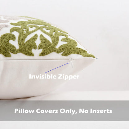 HWY 50 Green Decorative Throw Pillow Covers 18x18 Inch (1 Piece), Embroidered Cotton Farmhouse Cushion Cover Pillow Case for Sofa Couch Living Room Bed Bedroon, Floral Geometric