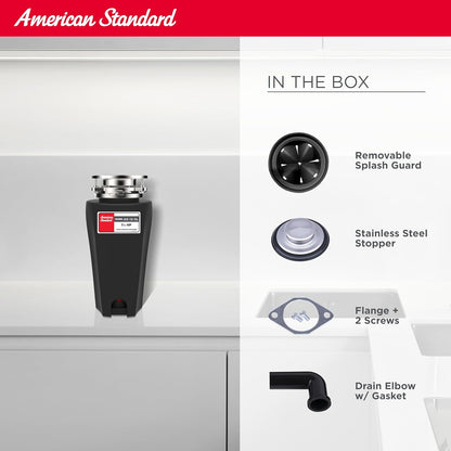 American Standard 10-US-AS-12-SL Garbage Disposal Anti-Jam Stainless Steel Food Waste Grinding System, Slim Line, 1.25 HP, Black