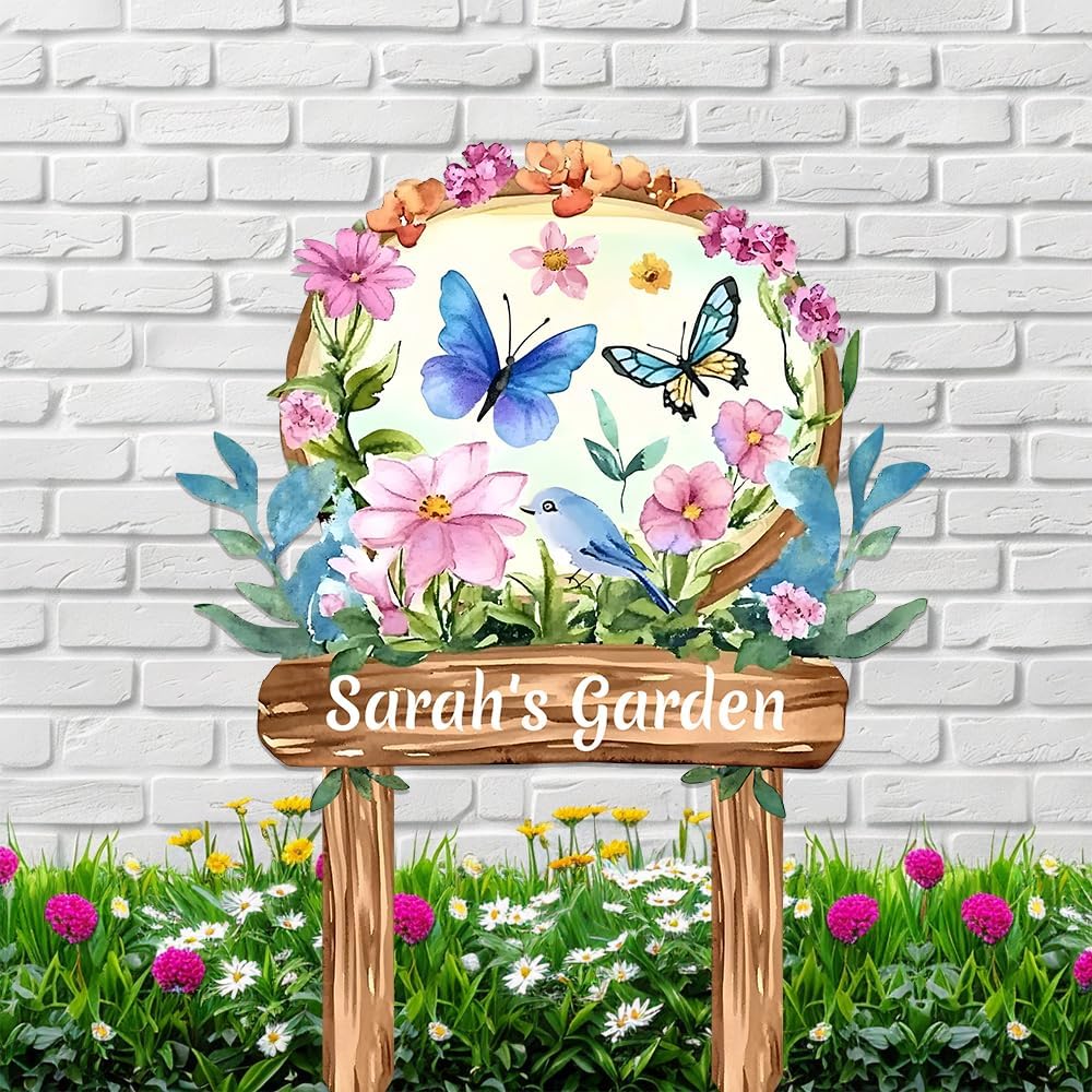 Personalized Watercolor Garden Metal Sign with Stake,Custom Gardener Last Name Signs Outdoor Decor,Customized Birds Gardening Gifts for Mom,Butterfly Flowers Plaques for Patio Lawn Porch Yard Garage