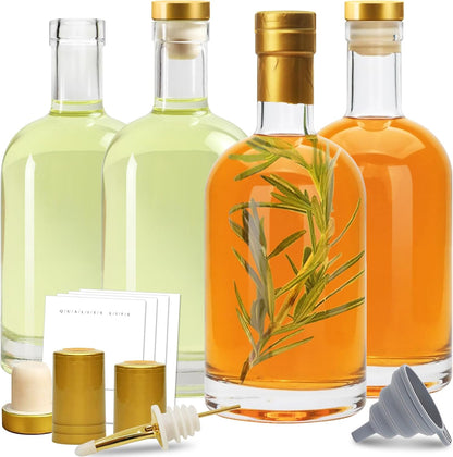 Olive Oil Dispenser Bottle for Kitchen, Clear Glass Oil and Vinegar Dispenser Set, Coffee Syrup Dispenser, Container With Metal Pour Spout, Airtight Lid, Funnel, Waterproof Labels (375ml-4 Pack)