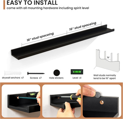 Fun Memories Picture Ledge Shelves Set of 2, 48 Inch Rustic Wall Mounted Floating Shelves with Lip for Home Storage and Décor in Bathroom, Kitchen, Nursery, Bedroom, Living Room, Black