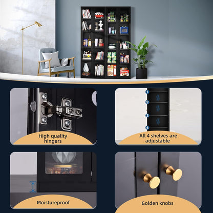 5 Tier Metal Curio Cabinets, Modern Bookshelf Cabinet with 4 Adjustable Shelves, Cabinet Display Case for Home Office, Living Room, Pantry (Black-27.5W)